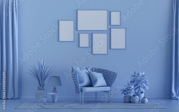 Fototapeta Poster frame background room in flat light blue color with 6 frames on the wall, solid monochrome background for gallery wall mockup, 3d rendering