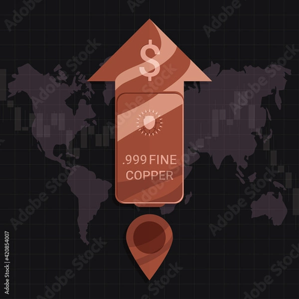 Fototapeta Copper market price rise up concept. Design by Cu metal bar and arrow up with jet engine and US dallar sign. copper value move up during world economic recession. Risk management hedge fund. Vector