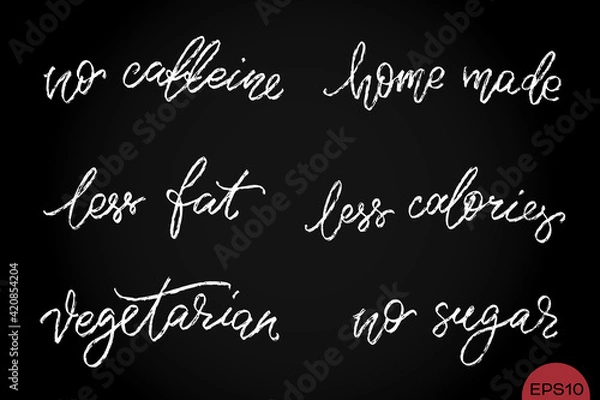 Fototapeta Healthy food hand written words set. Product labels or stickers white color chalkboard style. No caffeine, home made, less fat, less calories, vegetarian, no sugar phrases by hand.
