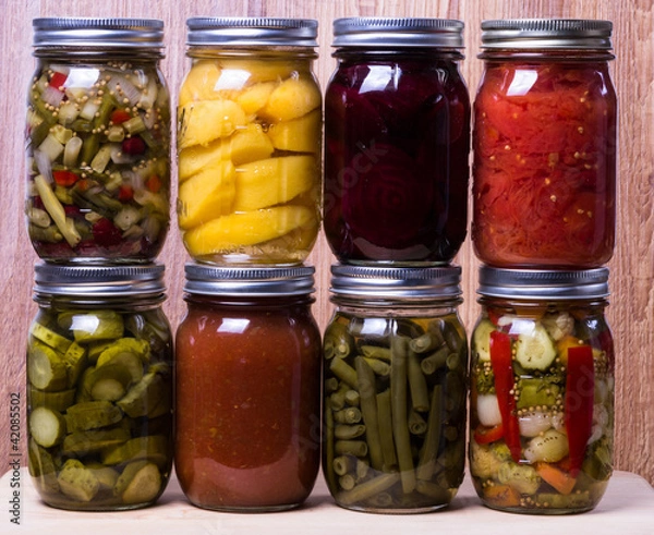 Obraz Group of fresh homemade preserved vegetables and fruits
