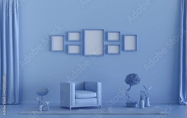 Obraz Mock-up poster gallery wall with 7 frames in solid pastel light blue room with furnitures and plants, 3d Rendering