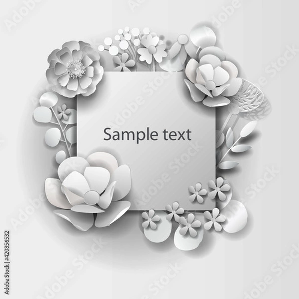 Fototapeta Paper art flower. Vector illustration for wedding, greeting card template.  Flowers background.