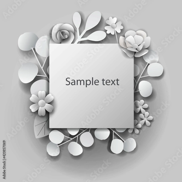 Fototapeta Paper art flower. Vector illustration for wedding, greeting card template.  Flowers background.