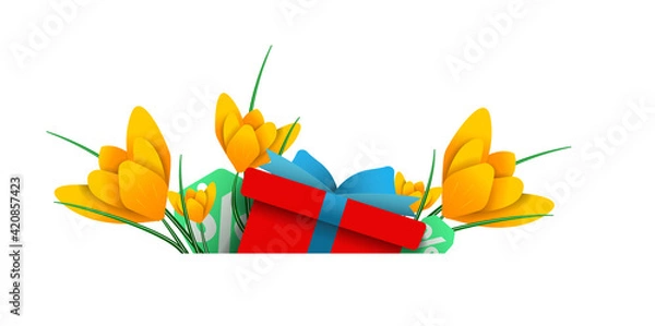 Obraz Banner for your site at a discount. Gift box with flowers and discount tags. Can be used over a pop-up at spring discounts.