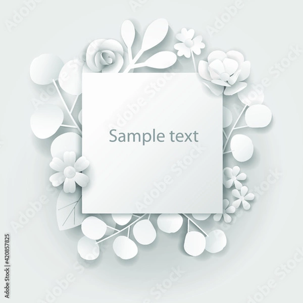 Fototapeta Paper art flower. Vector illustration for wedding, greeting card template.  Flowers background.