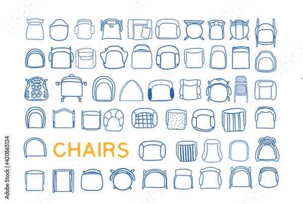 Fototapeta interior design floor plan chair armchairs collection. cad symbols.  top view furniture. cad symbol. vector furniture collection. project. architectural technical drawing.	
