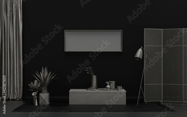 Fototapeta Single Frame Gallery Wall in black and metallic silver color monochrome flat room with furnitures and plants, 3d Rendering