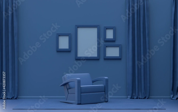 Fototapeta Interior room in plain monochrome dark blue color, 4 frames on the wall with single chair, without plant, for poster presentation, Gallery wall. 3D rendering