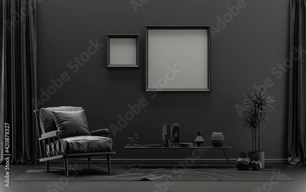 Fototapeta Double Frames Gallery Wall in black and dark gray color monochrome flat room with furnitures and plants, 3d Rendering
