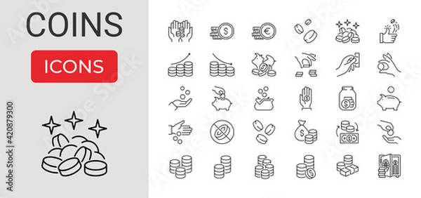 Fototapeta Set of Coins Related Vector Line Icons. Contains such Icons as Coins Stack, Donation, Tips Jar, Piggy Bank, Coin Toss, Exchange Money, Saving, Banknote Stack, Euro and Dollar Sign. Editable Stroke.