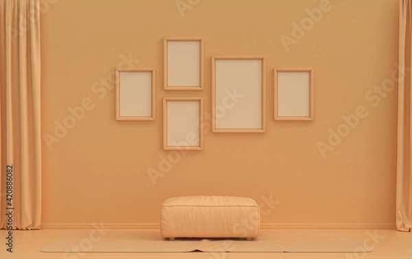 Fototapeta Single color monochrome orange pinkish color interior room with middle ottoman puff without plants,  5 poster frames on the wall, 3D rendering
