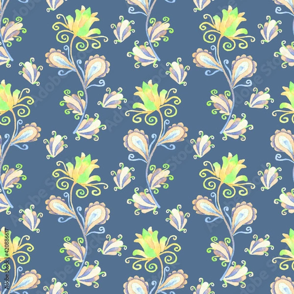 Fototapeta Seamless floral pattern with romantic fairy flowers. Watercolor botanical background. Design for wallpaper, textile design, packing, textile, fabric. Paisley