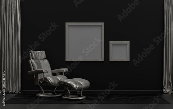 Fototapeta Double Frames Gallery Wall in black and metallic silver color monochrome flat room with single chair, without plant, 3d Rendering
