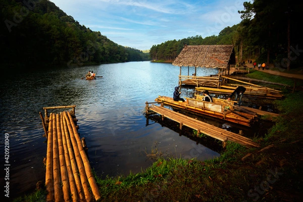 Fototapeta Beatiful nature lake and forest , Pang oung lake and pine forest in Mae Hong Son , Thailand , nature landscape of Thailand . Pang oung is popular travel destination in Thailand