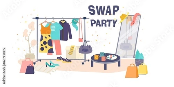 Obraz Swap party Illustration with clothes. Vector illustration. Trendy graphic design for print. Reduce and reuse concept
