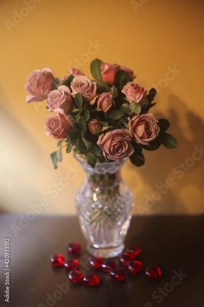 Obraz bouquet of roses, VASE, GLASS, FLOWERS, PINK, FLORAL, NATURE, BEAUTIFUL, ARRANGEMENT, GIFT, BLOOM,