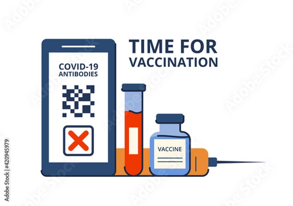 Fototapeta Time of vaccination against covid-19. Virus protection. Testing for antibodies. QR code on a smartphone with a test result. Isolated concept on white background. Vector