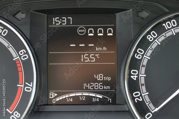 Fototapeta On-board clocks and details thereof. Car run with km in sight. Car with few km.