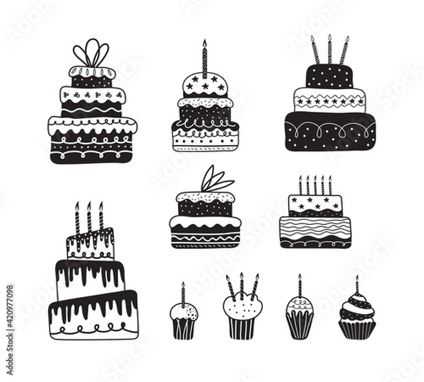 Fototapeta Holiday cream cake with candles vector set, muffins, cupcakes in art line drawing. Set of holiday sweets in black one line. Doodle icons for birthday, New year, Christmas, wedding in minimalism design