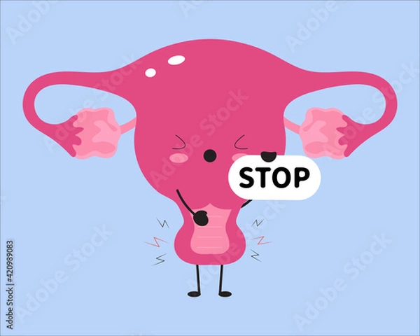 Fototapeta Cute uterus feeling pain with stop sign. Vaginismus concept.