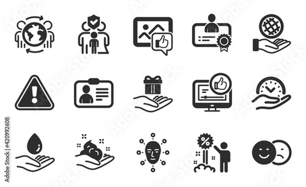 Fototapeta Like, Like video and Certificate icons set. Loyalty program, Safe time and Face biometrics signs. Vector