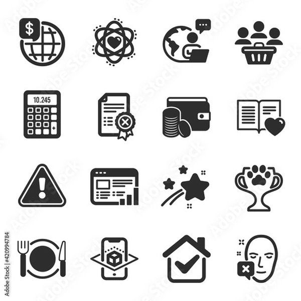 Fototapeta Set of flat icons, such as Reject certificate, Love book, Restaurant food symbols. Vector