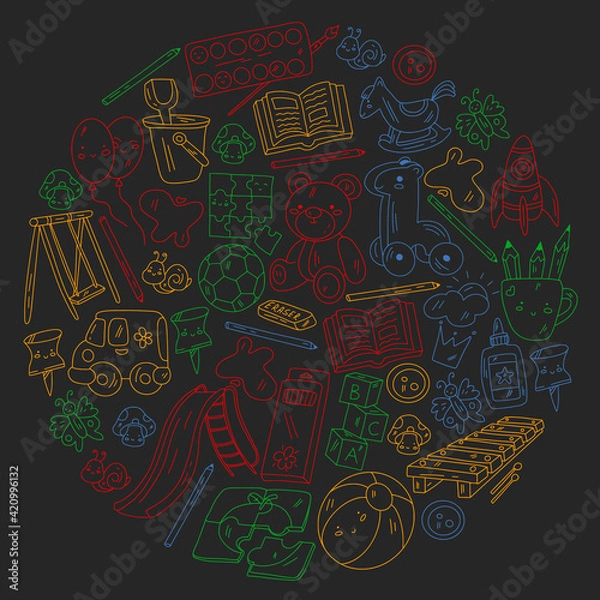 Fototapeta Kindergarten and toys. Little children game. Kids playground. Education, creativity, imagination.