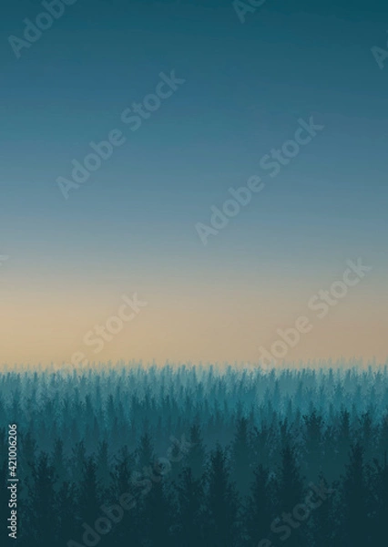Fototapeta Illustration of a forest with fog at sunset in vertical composition 