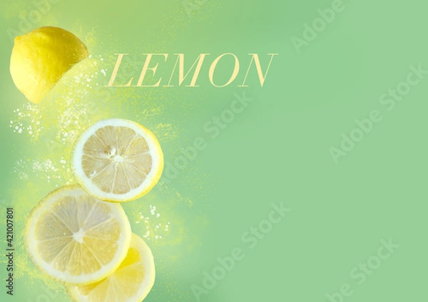 Fototapeta Yellow Lemon with Splash color on Green Background