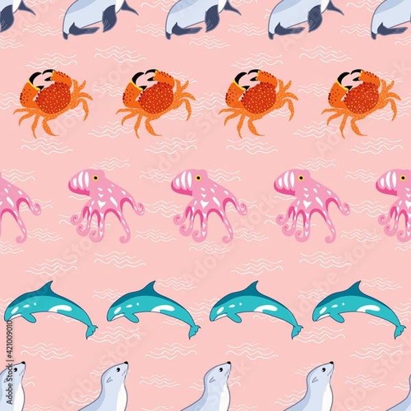 Fototapeta Sea creatures vector repeat pattern on pink