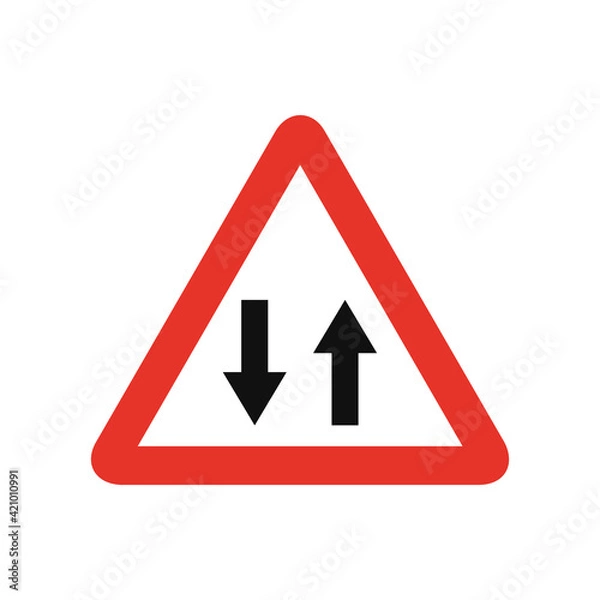 Fototapeta Triangular traffic signal in white and red, isolated on white background. Warning of two-way traffic straight ahead