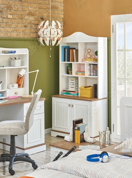 Fototapeta White wooden child room furniture decoration set, cabinet book and toy with working table.