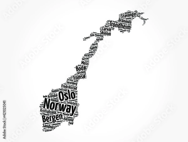 Fototapeta List of cities and towns in Norway, map word cloud collage, business and travel concept background