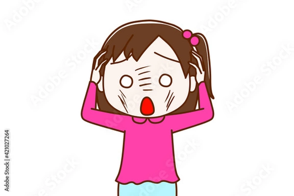 Fototapeta 白目になってどうしようか頭を抱えて慌てる少女