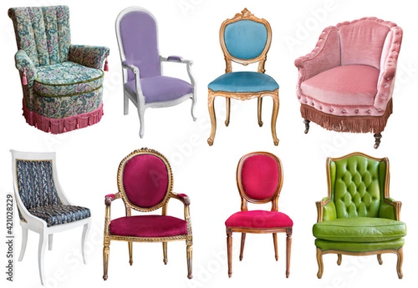 Fototapeta Gorgeous vintage armchairs isolated on white background. Armchairs with color, green and purple upholstery