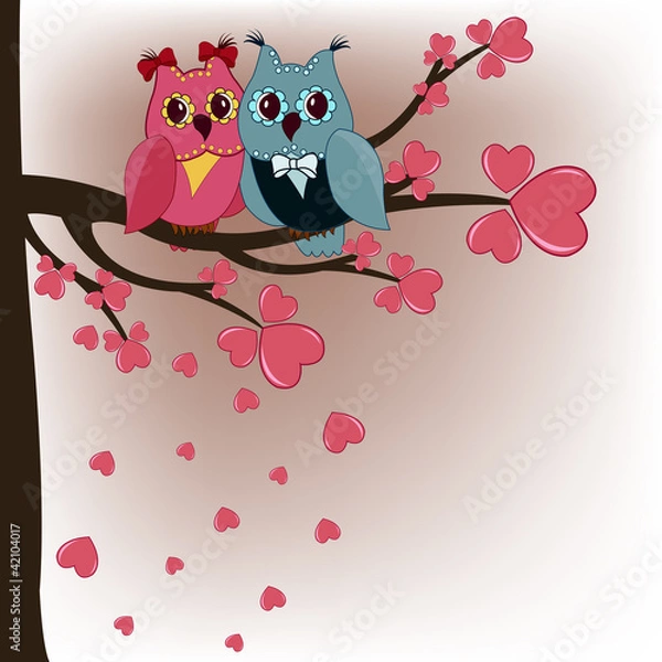 Obraz Two owls in a tree lovers with hearts