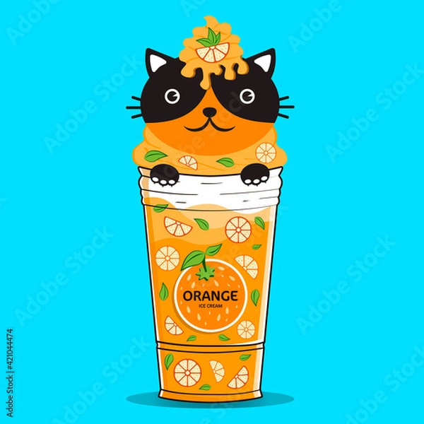 Obraz Drink, Juice Or Ice Cream With Orange Flavor. Decorative Drawing Of A Cat On A Cup For Children. Kawaii Style With A Cheerful Vibrant Cat.