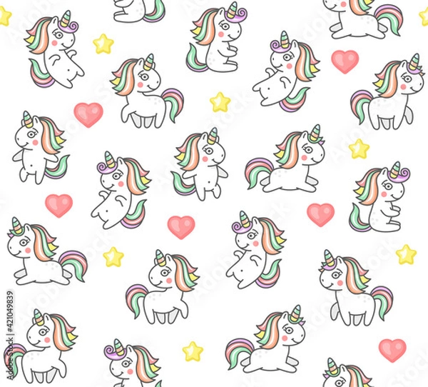Fototapeta Cute Unicorns and Hearts Seamless Pattern on White Background. Vector