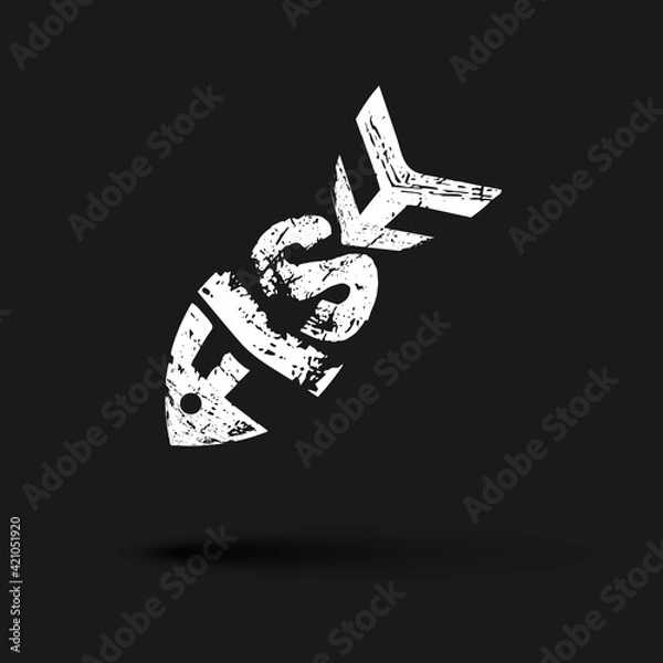 Obraz White fish on a dark background Lettering grunge texture in the word fom fish Modern art pattern creative design elements for layout banners posters menu covers Gothic fish icon Vector graphics