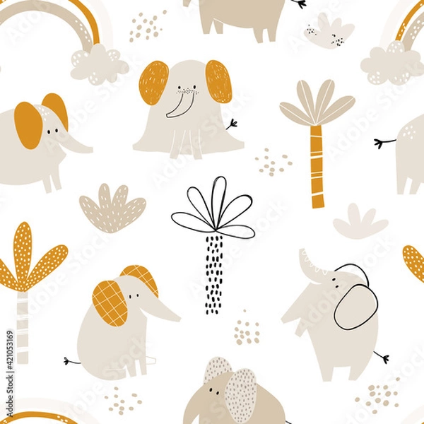 Fototapeta Vector hand-drawn colored childish seamless repeating simple flat pattern with elephants, plants and doodles in Scandinavian style on a white background. Cute baby animals. Pattern for kids.