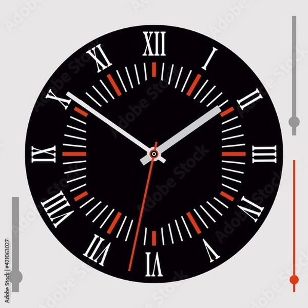 Fototapeta Round black dial with Roman numerals and hands. Vector illustration