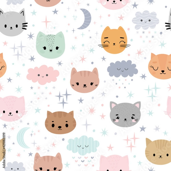 Fototapeta Cute seamless pattern for kids with cartoon little cats. Children background with moon, stars, kittens and clouds. Lovely animals
