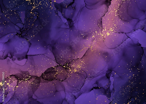 Fototapeta Space background. Modern abstract luxury design or card template or wallpaper or poster with purple watercolor waves or fluid art in alcohol ink style with golden splashes.