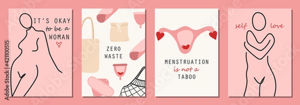 Fototapeta Set of hand drawn elements of women menstruation period theme, feminine hygiene products as pads, menstrual cups, etc.