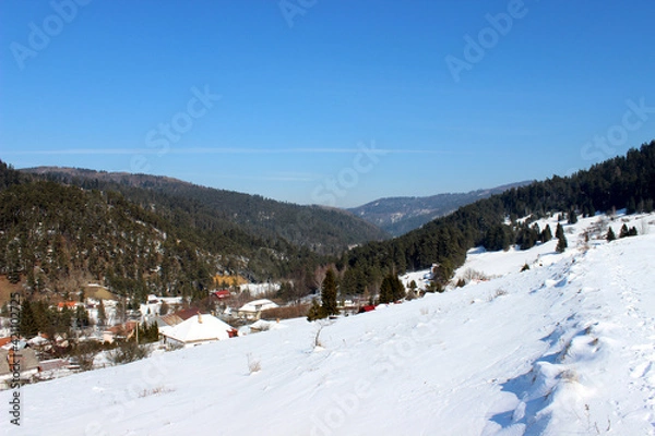 Fototapeta Winter country with snowy downhill