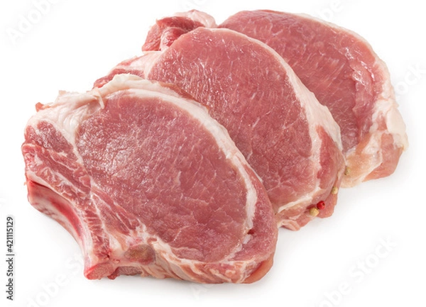 Fototapeta sliced raw pork meat isolated on white background. Clipping path and full depth of field