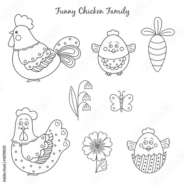 Obraz vector simple graphic illustration funny chicken family-01