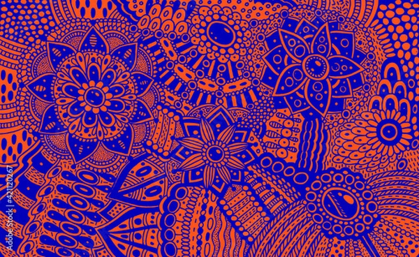 Obraz Aboriginal art. Flower ornament with patterns and leaves. Orange and dark blue colors. Boho tribal surreal colorful background. Abstract folk art pattern. Psychedelic art. Vector artwork