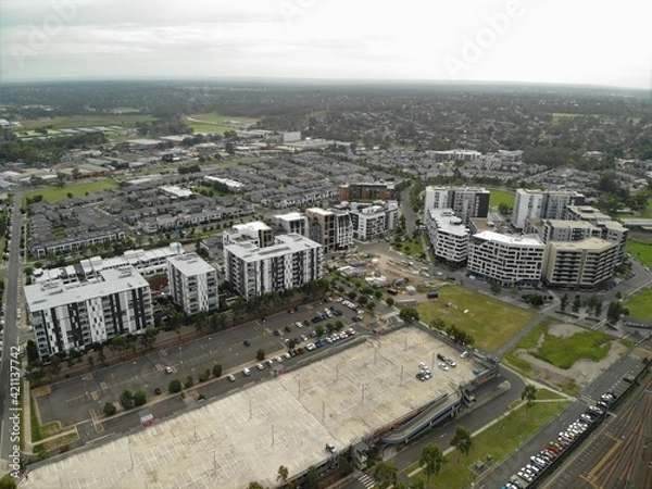 Fototapeta Aerial image of modern apartment buildings and housing estate.
