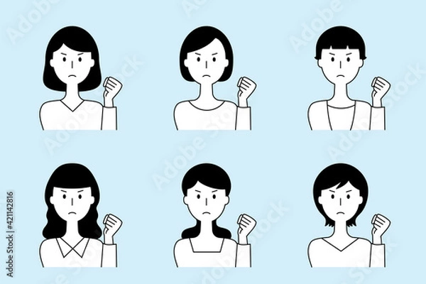 Fototapeta 怒った表情の女性のベクターイラストセット